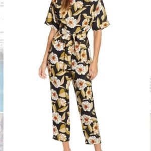 Leith Aubrey Floral Print Jumpsuit‎ Pants Belted Black Art Women Size Small #cc